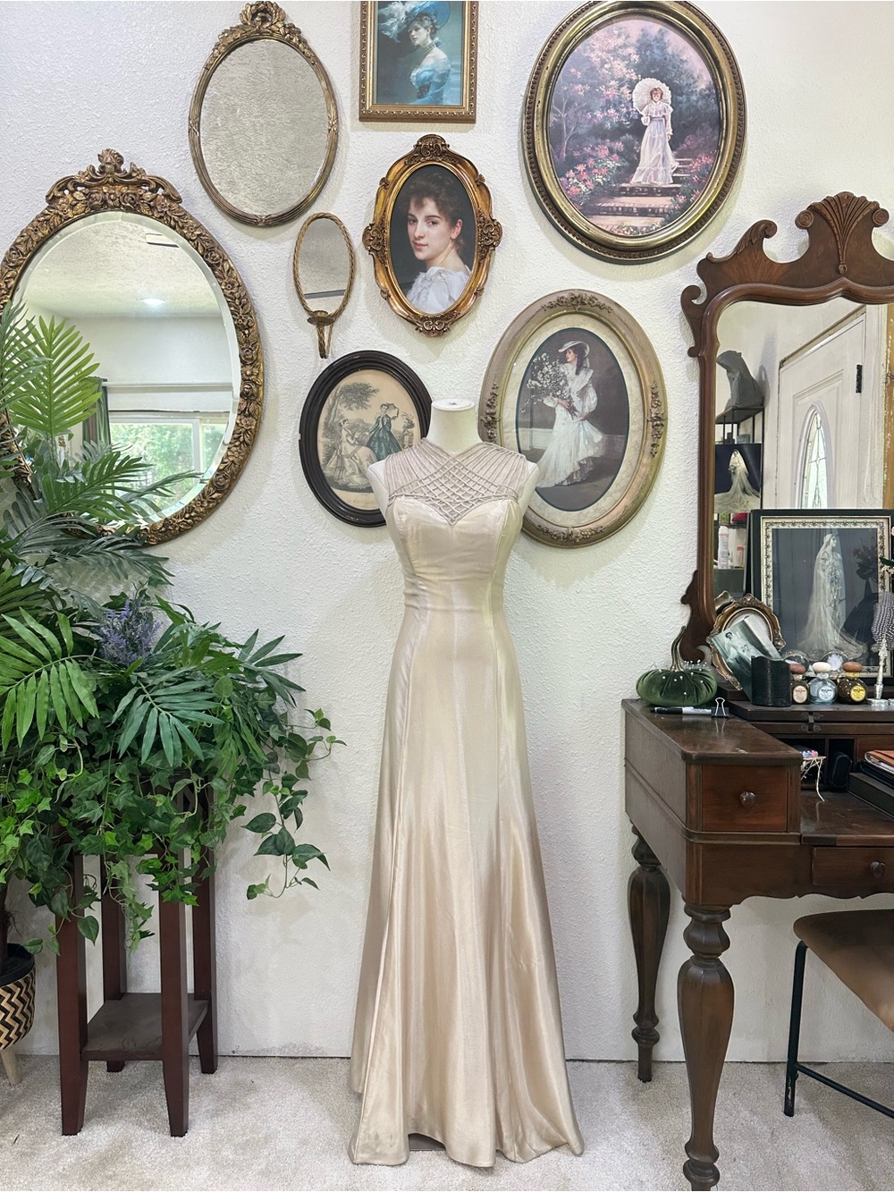 Elegant Cream Satin Maxi Dress with Sheer Yoke